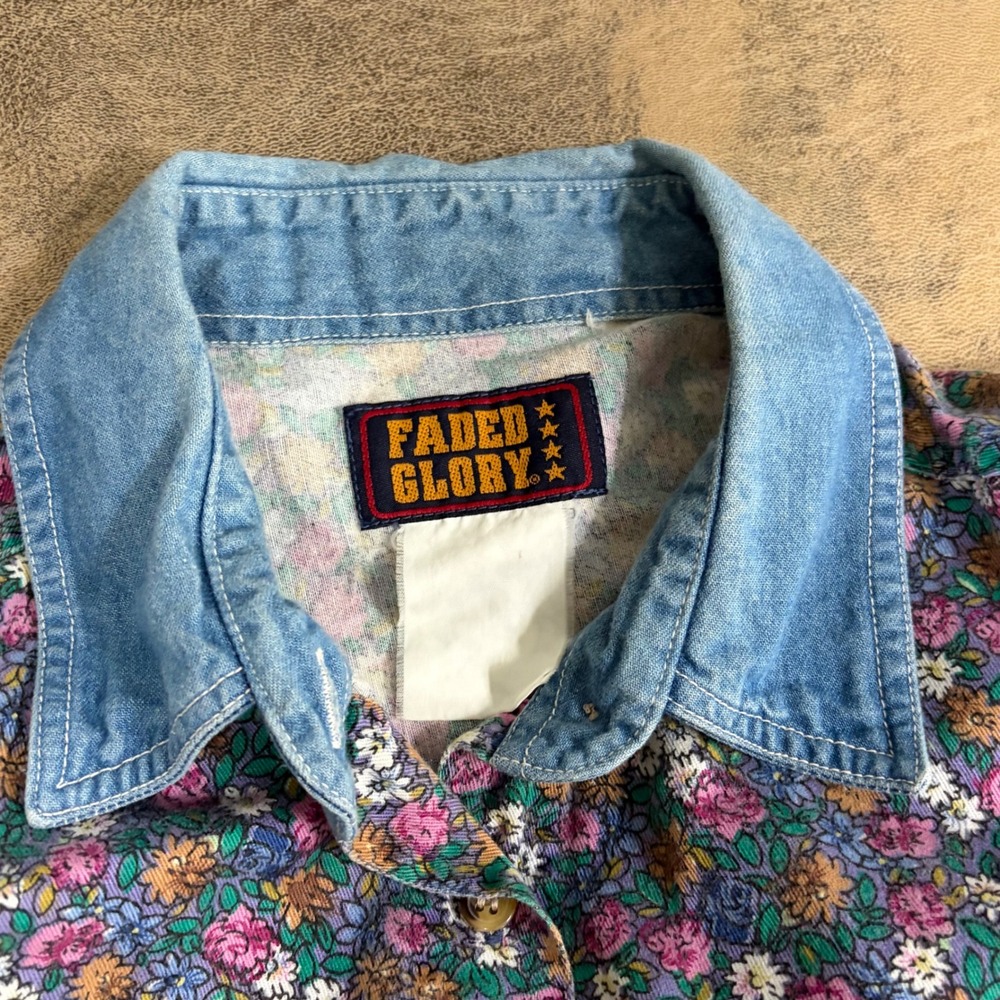 Faded Glory Button Down Shirt Womens XL Multi Floral Denim Collar Long Sleeve